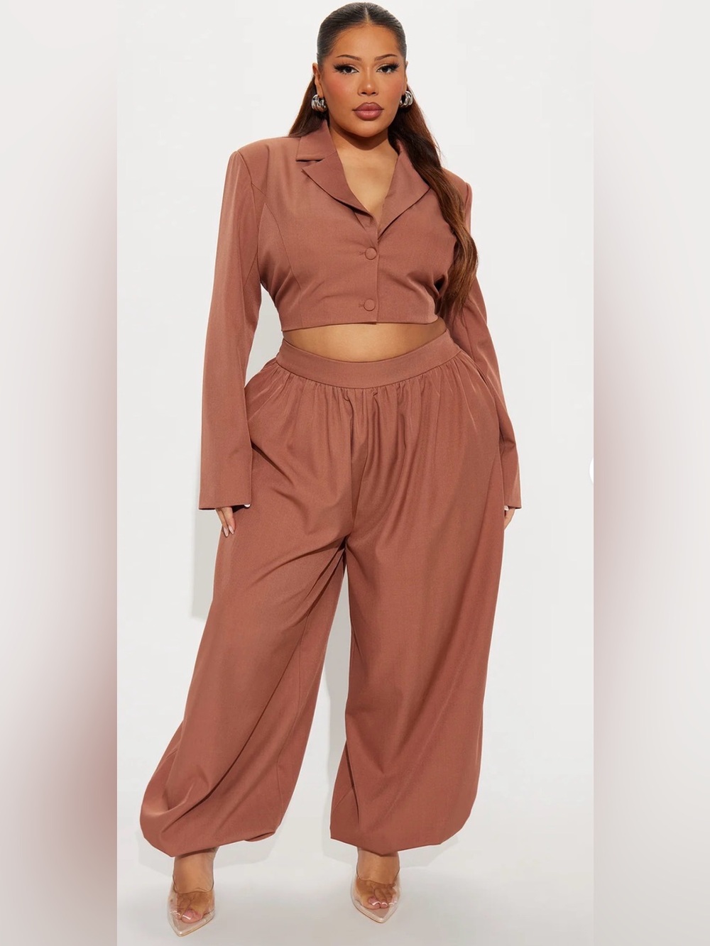 Fashion Nova Two-Piece Cropped Blazer & Wide-Leg Pants Set - Rust Brown